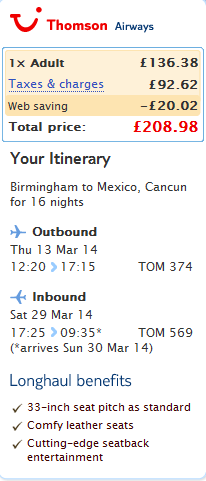Tip for cheap last minute flight from UK Birmingham to Mexico Cancun 209
