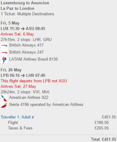 DOJ flights Lux - Paraguay & Bolivia - UK for £451/€515!