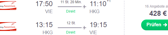 Cheap non-stop flights from Vienna to Hong Kong from €428!