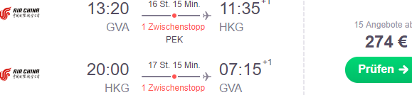 Cheap return flights from Switzerland to Hong Kong from €274!