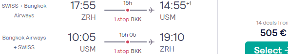 Full-service Swiss Air Lines flights from Zurich to tropical Ko Samui, Thailand for €505!