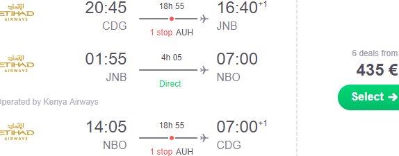 5* Etihad multi-city flights Paris to Johannesburg and Kenya from €435!