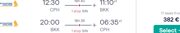 5* Singapore Airlines return flights from Copenhagen to Bangkok, Thailand for €382!