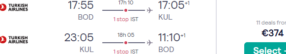 Full-service Turkish Airlines flights from France to Kuala Lumpur from €374!