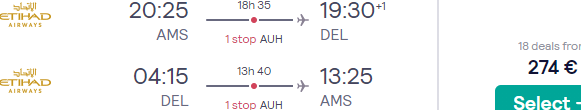 Super cheap Etihad return flights from Amsterdam to India (New Delhi, Mumbai) for just €274!