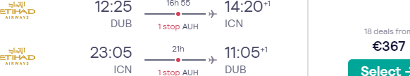 Full-service Etihad flights from Dublin to Seoul, South Korea for €367!