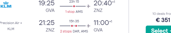Return flights from Geneva to Zanzibar with Air France-KLM for €351!