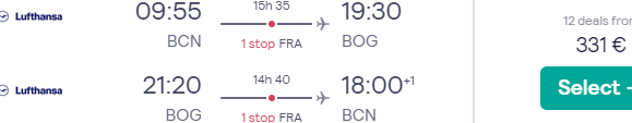 Return Lufthansa/Swiss flights from Barcelona, Spain to Bogotá, Colombia from just €331!