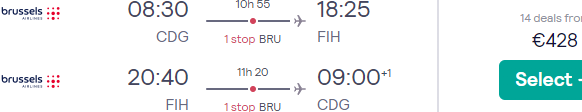 Full-service return flights from Paris to DR Congo with Brussels Airlines for €428.