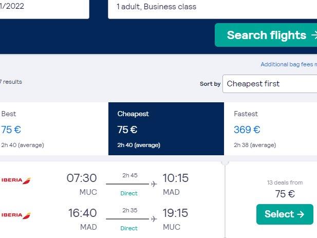 Business Class Iberia flights between Munich and Madrid for €75 roundtrip!